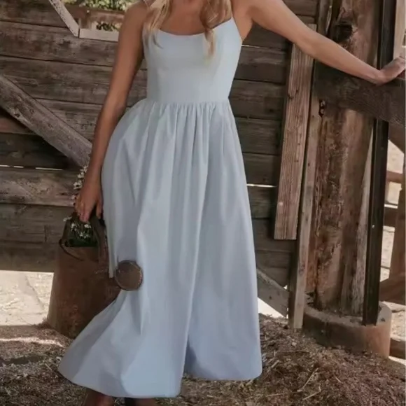 Elegant Light Blue Spaghetti Strap Dress - Picture 3 of 4